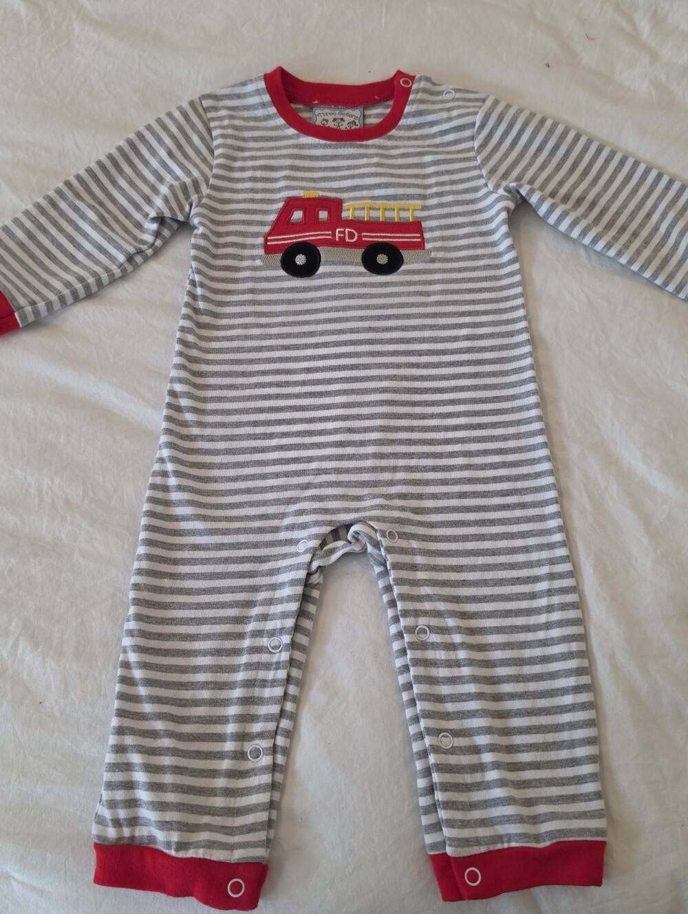 THREE SISTERS Boys Firetruck Appliqued Long Romper 12 M